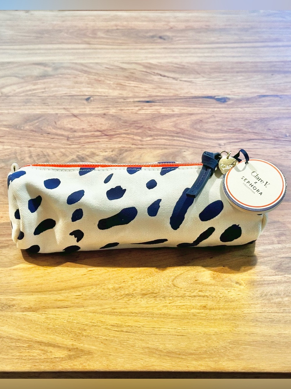 Sephora Cream Canvas Cosmetic Pouch with Navy Jaguar Spot Print and Red Trim